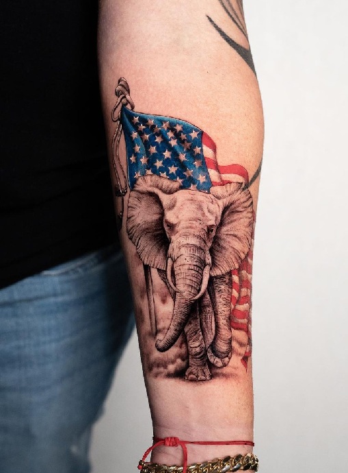 Usa Flag With An Elephant Tattoo