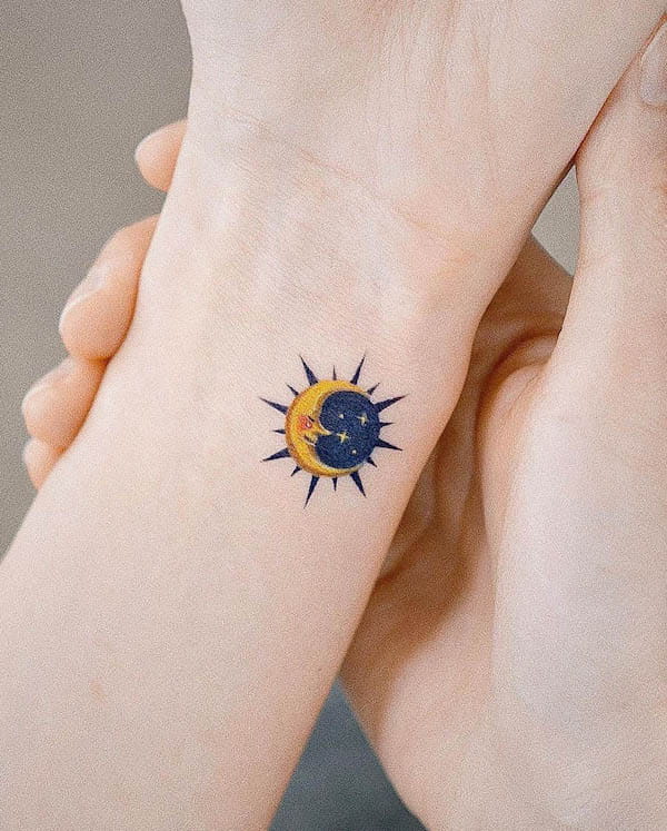 Whimsical star and moon tattoo by @youngchickentattoo