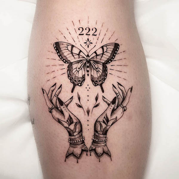 222 angel number tattoo by @wicked_mars