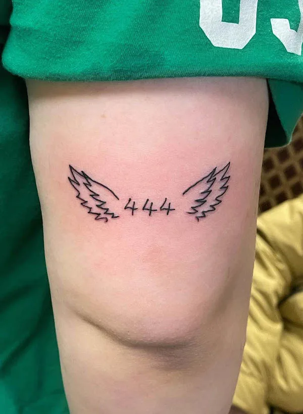 444 angel number tattoo with wings by @foreverboldtattoo