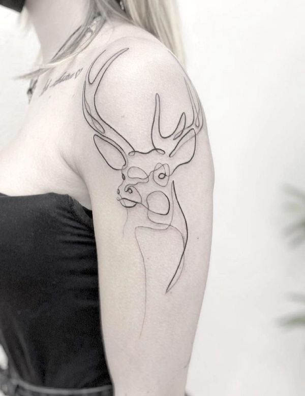 Abstract fine-line deer sleeve tattoo by @gianluca_rondina