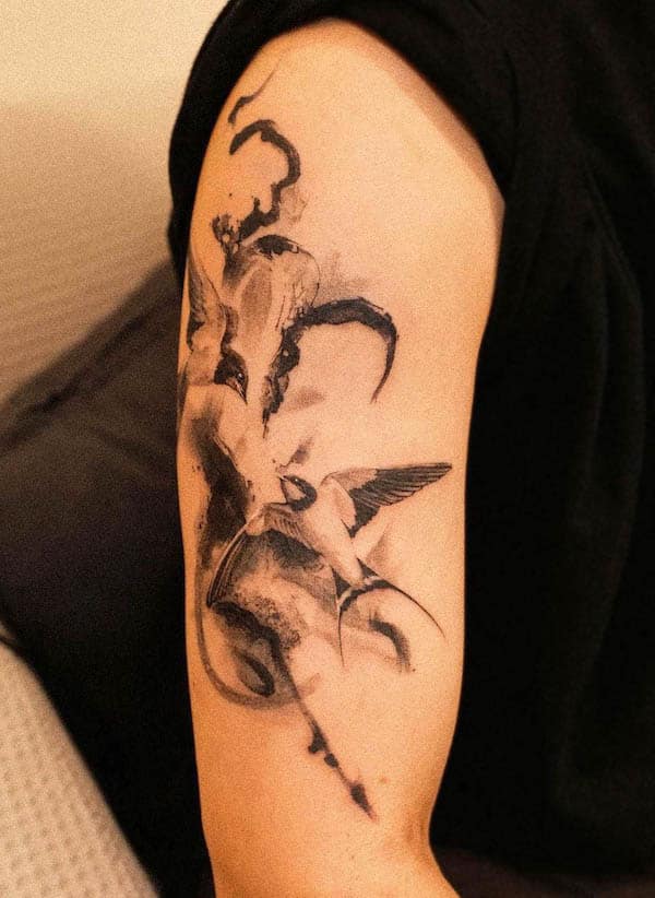 Abstract swallow sleeve tattoo by @tattooist_hosu