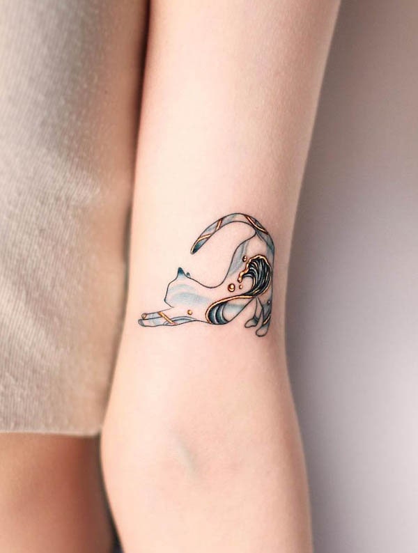 Adorable wave and cat tattoo by @tattooist_toma