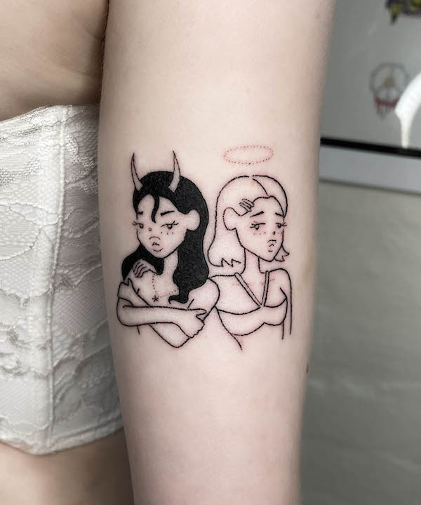 Angel and devil Gemini tattoo by @lazytattoos