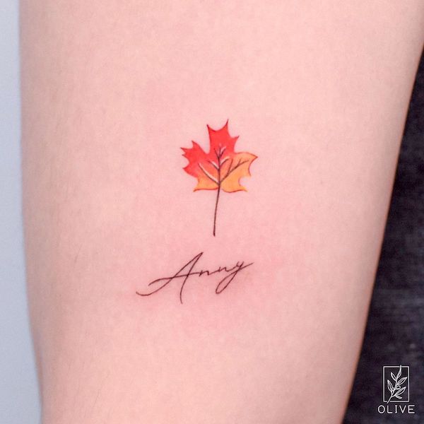 Autumn leaf name tattoo by @tattoo_artist_olive