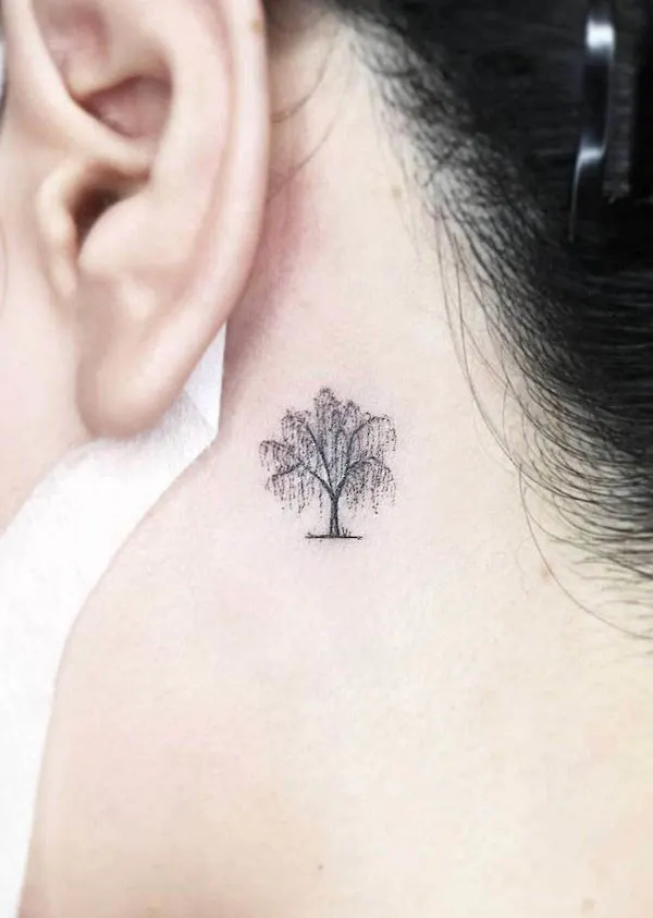 Willow tree behind-the-ear tattoo by @tattooist_namoo