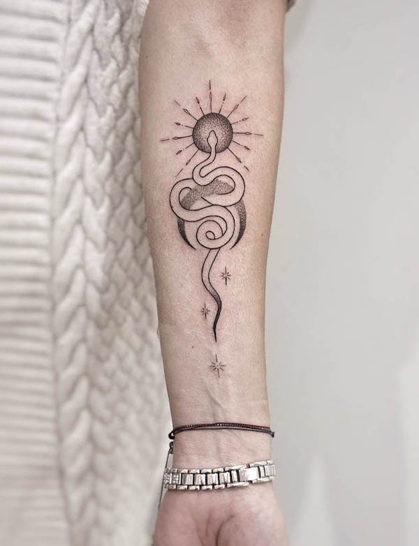 Black and grey snake and sun tattoo by @ileprocentduszy