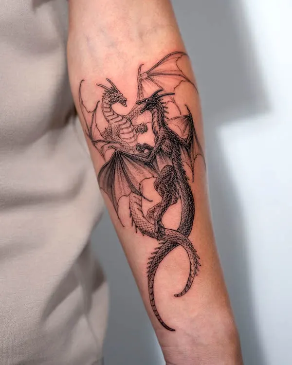 Black and white dragon tattoo by @Tattooist_Intat