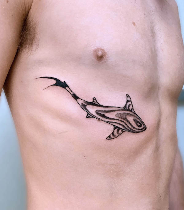 Black and white patterned shark tattoo by @pigeon.tatts