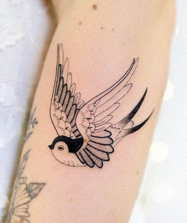 Black and white swallow tattoo by @adelaide.tattooing