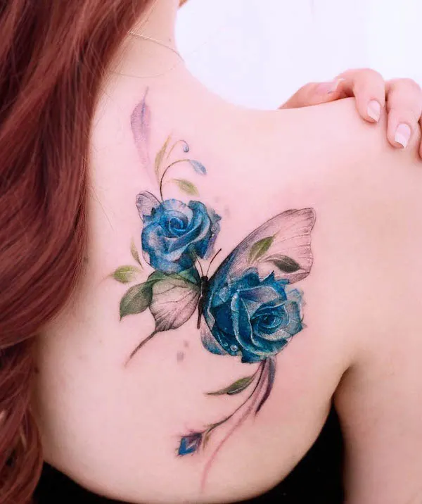 Blue rose and butterfly tattoo by @vandal_tatt