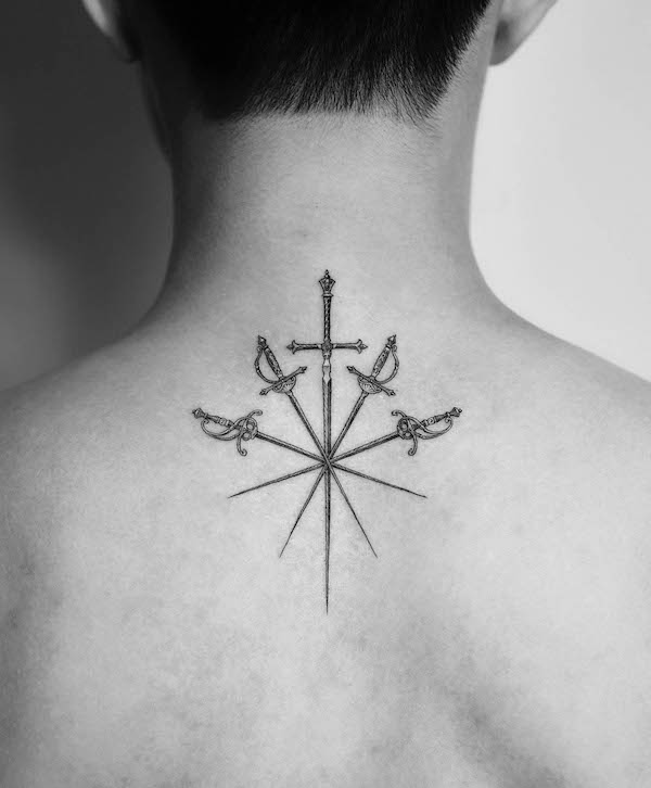 Bold crossed swords back tattoo by @jeon_____