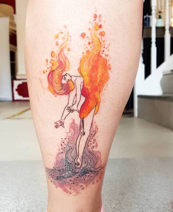 Burning goddess tattoo by @milky_tattoodles