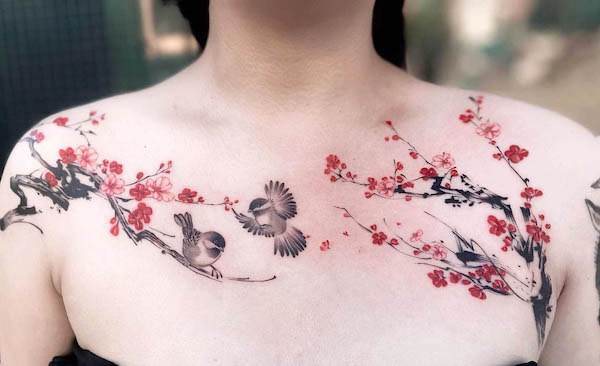 Cherry blossom shoulder and chest tattoo by @cherryxzhao