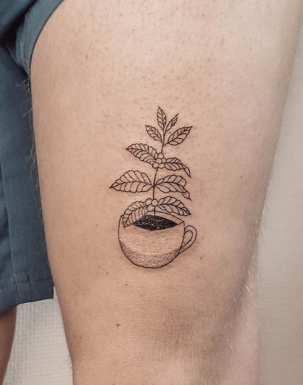 Coffee and plant tattoo by @vignette.tattoo