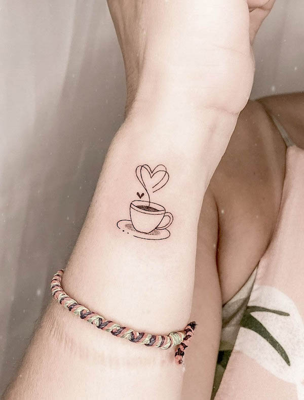 Coffee tattoo on the wrist by @jessy_tattooer