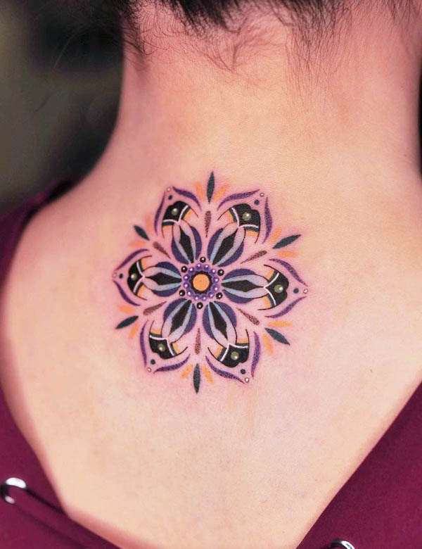 Color mandala back tattoo by @micotattoo