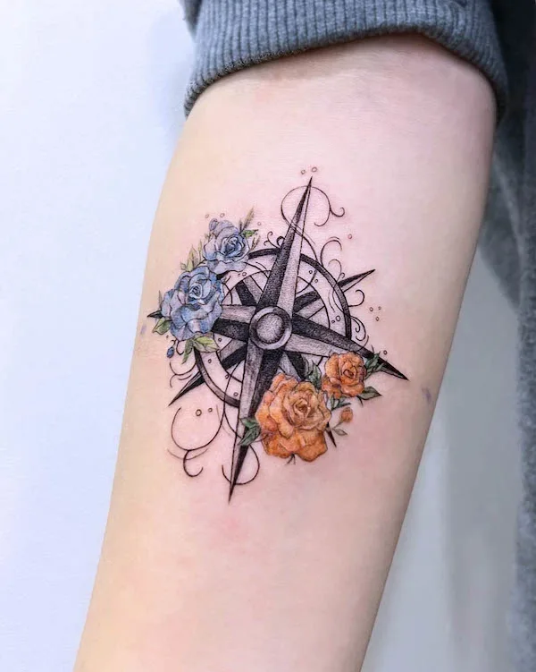 Compass and rose forearm tattoo by @tattooist_yunsam