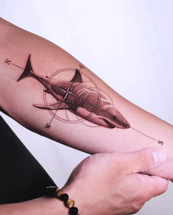 Compass and shark tattoo by @shu_tattooart