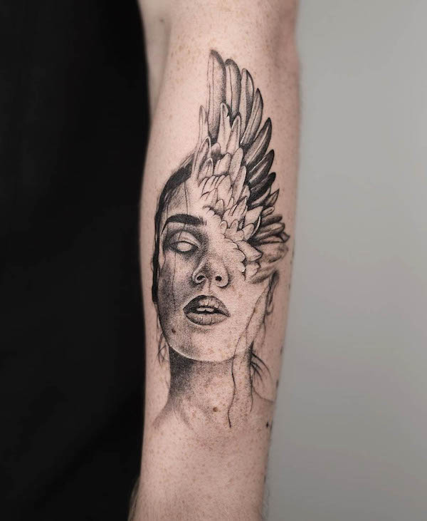 Conceptual angel tattoo by @tattooist_eliya