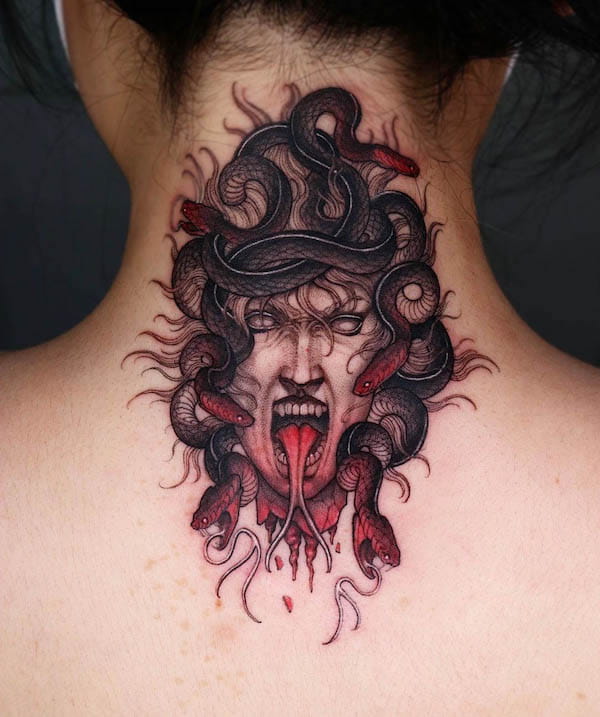 Creepy Medusa neck tattoo by @swan_tattooer