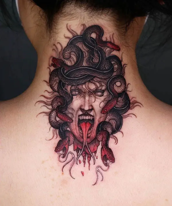 Creepy Medusa neck tattoo by @swan_tattooer