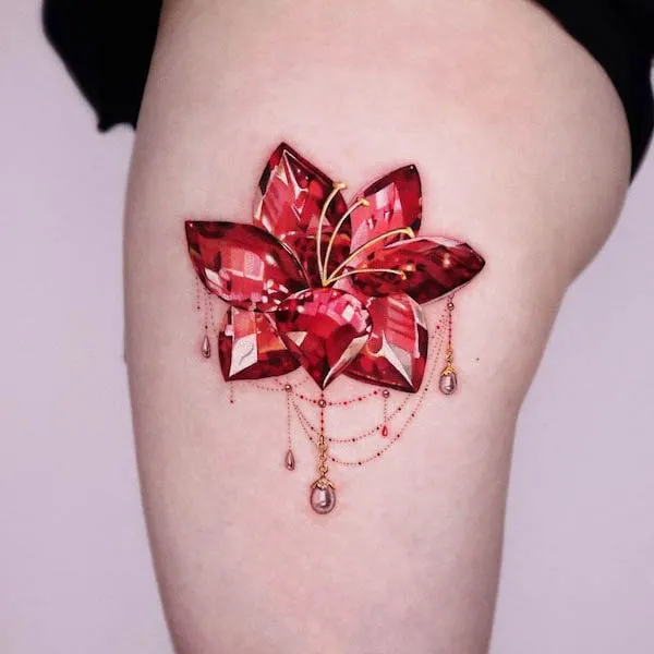 Crystal lotus thigh tattoo by @yeriel_tattoo