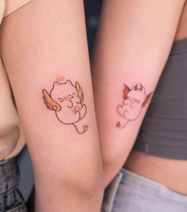 Cute cartoon angel and devil tattoo by @eiimoniee