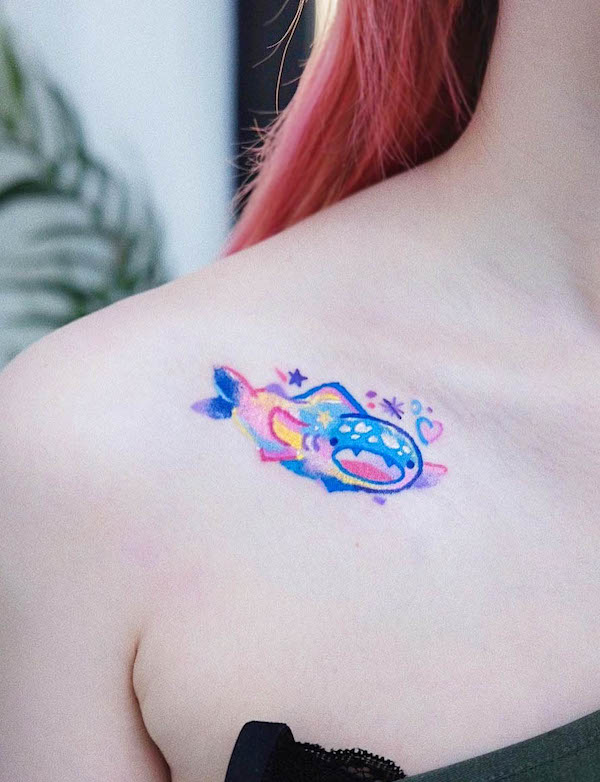 Cute cartoon shark collarbone tattoo by @im________cat