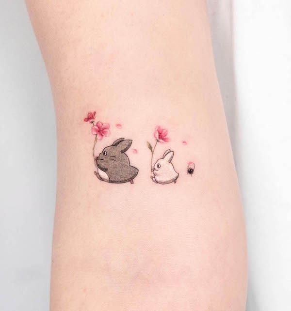 Cute cherry blossom and Tororo tattoo by @coy.tattoo