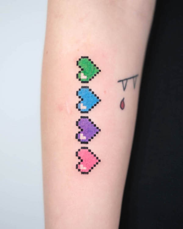 Cute pixel heart forearm tattoo by @88world.co_.kr