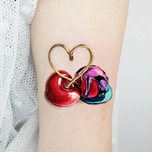 Cherry heart tattoo by @dawon.ink