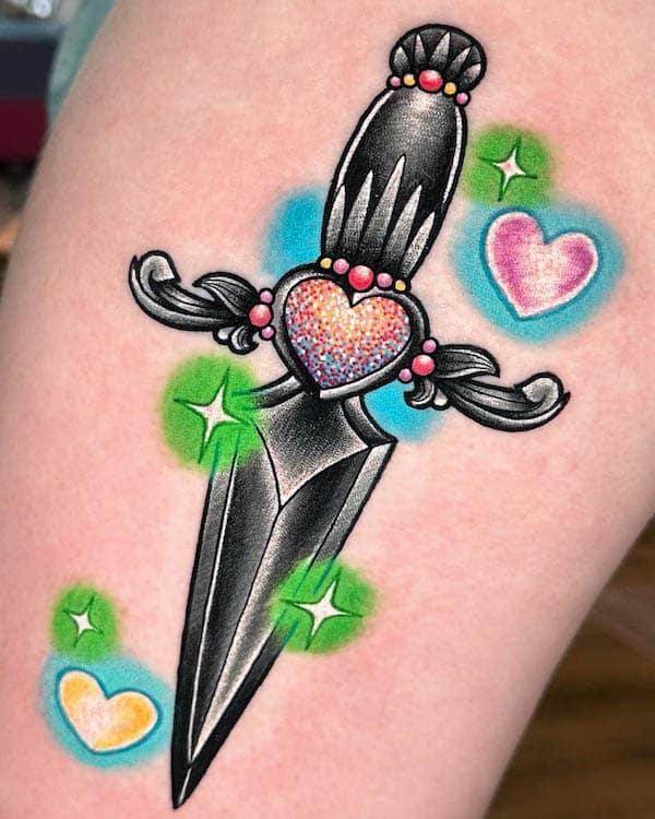 Cute traditional dagger tattoo by @micmactats