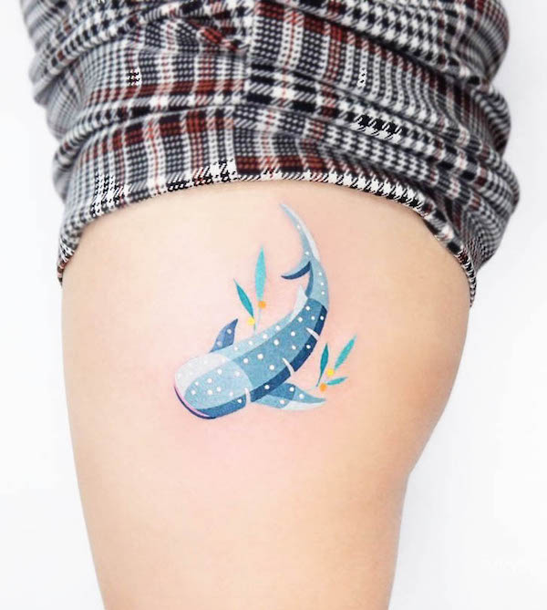 Cute whale shark thigh tattoo by @bittersweetly.tattoo