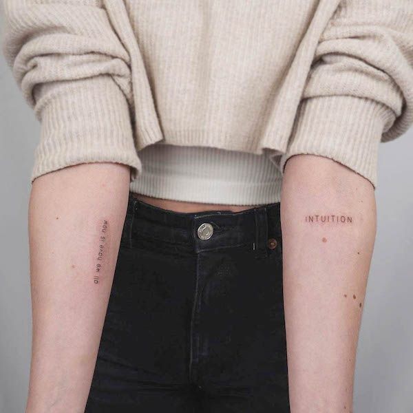 Dainty quote and one word forearm tattoos by @julesdry