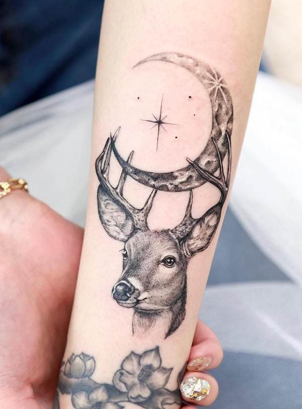 Deer and moon tattoo by @xiso_ink