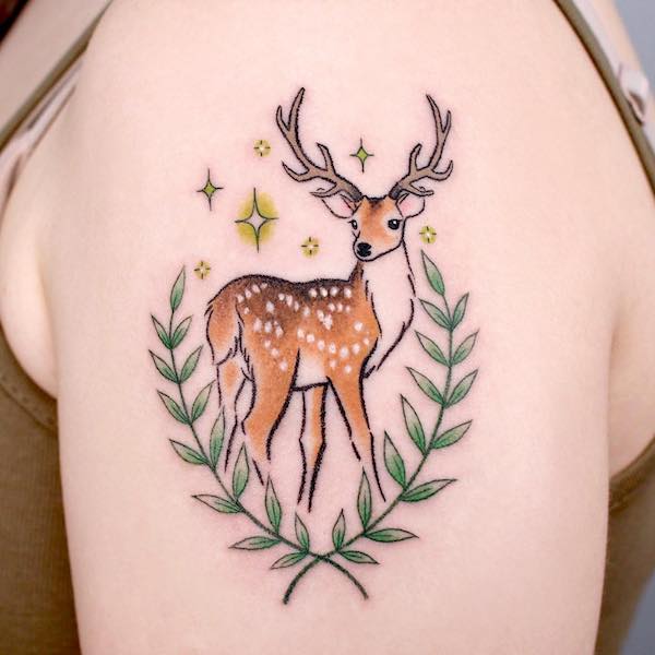 Deer and star tattoo by @minari_tattoo