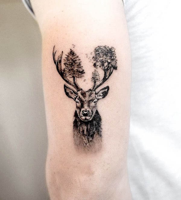 Deer and trees tattoo by @minustattoo