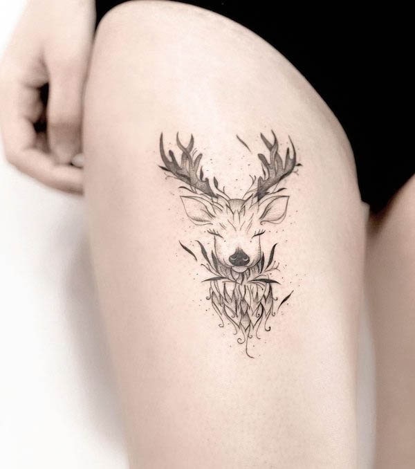 Deer head thigh tattoo by @zeetattooo