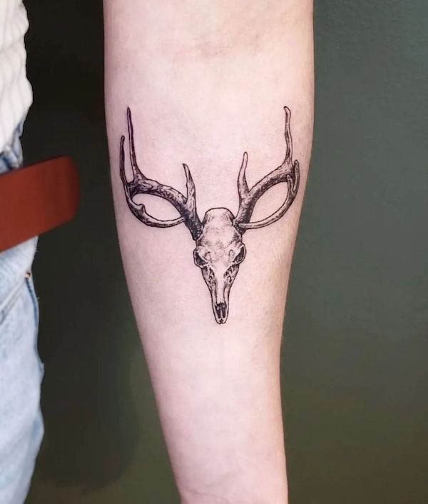 Deer skull forearm tattoo by @kimkim.tattoo