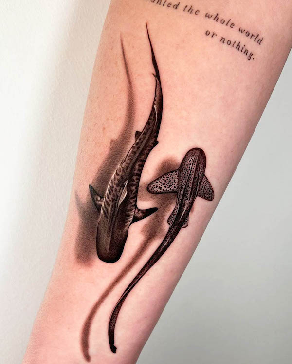 Double shark tattoo by @alenatattoos