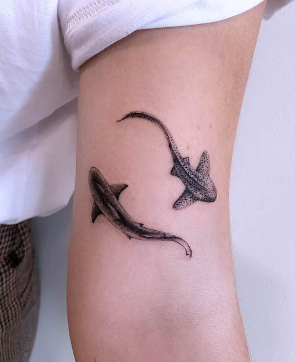 Double shark tattoo by @lucyctattoos