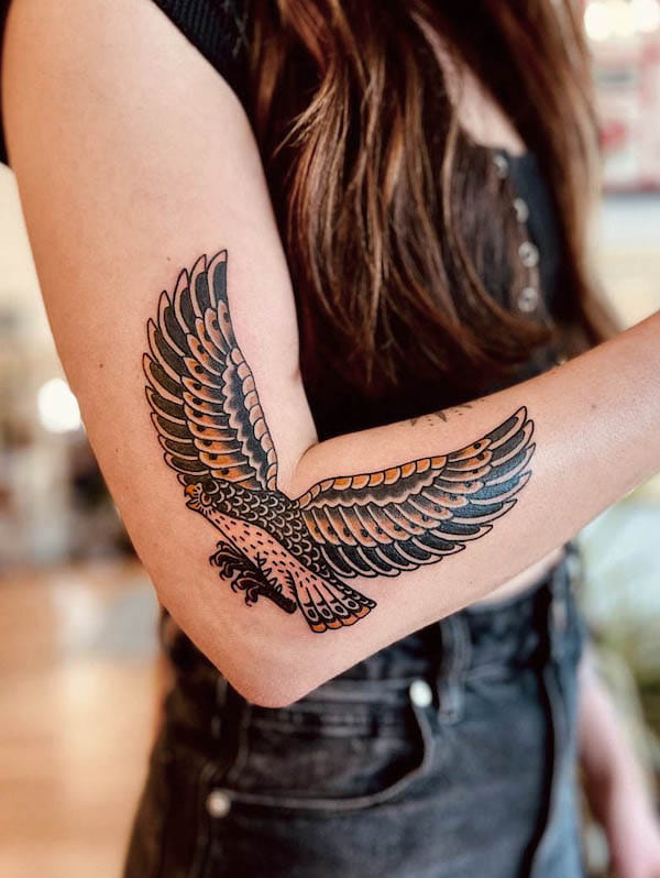 Eagle elbow tattoo by @oldsolnewtricks