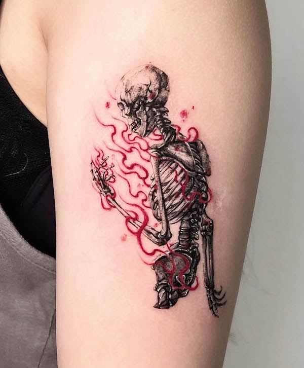 Fire skeleton tattoo by @ajintattoo