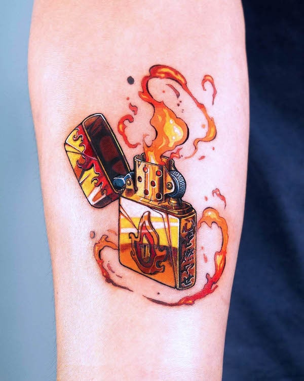 Flames and lighter tattoo by @coldchillchild