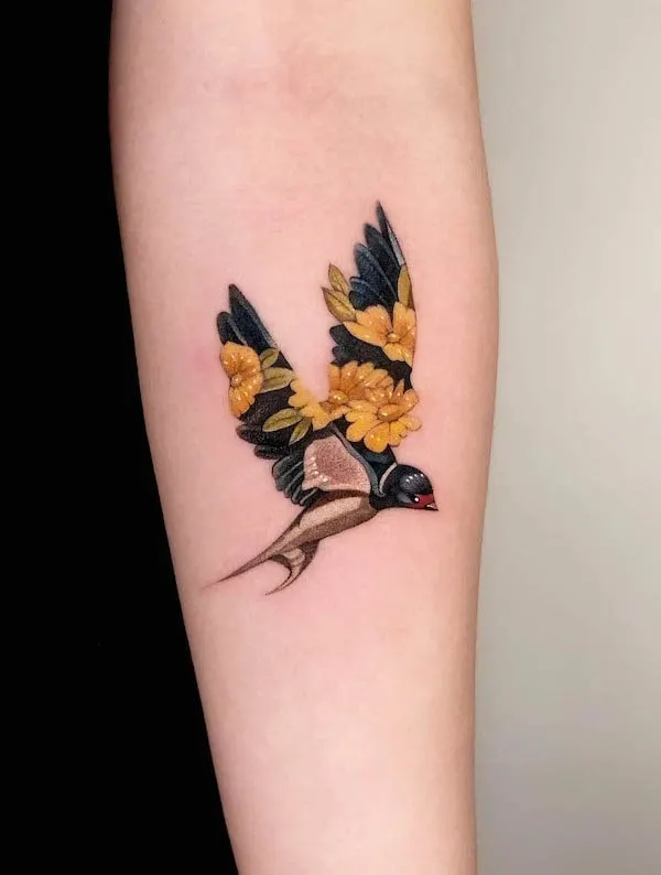 Floral bird forearm tattoo for women by @aaron_tattoo2072