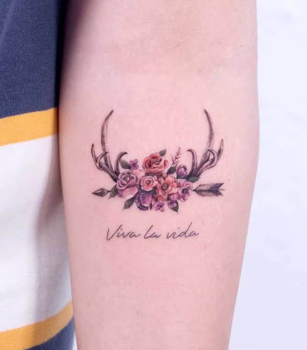 Floral deer antler tattoo by @handitrip