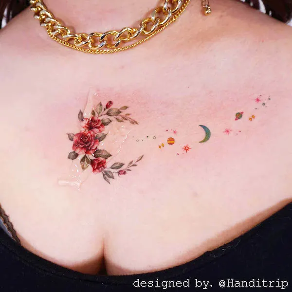 Floral moon chest tattoo by @handitrip