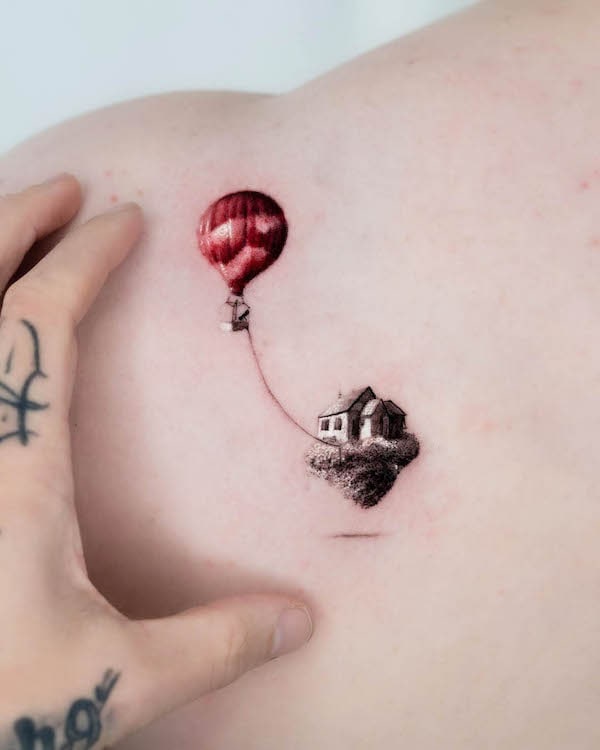 Flying house cute tattoo by @pelleossa_ink