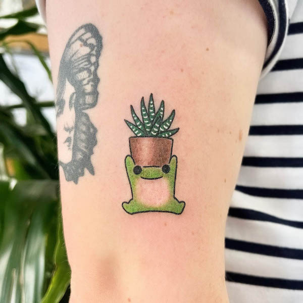 Frog and succulent tattoo by @buoythefishlover